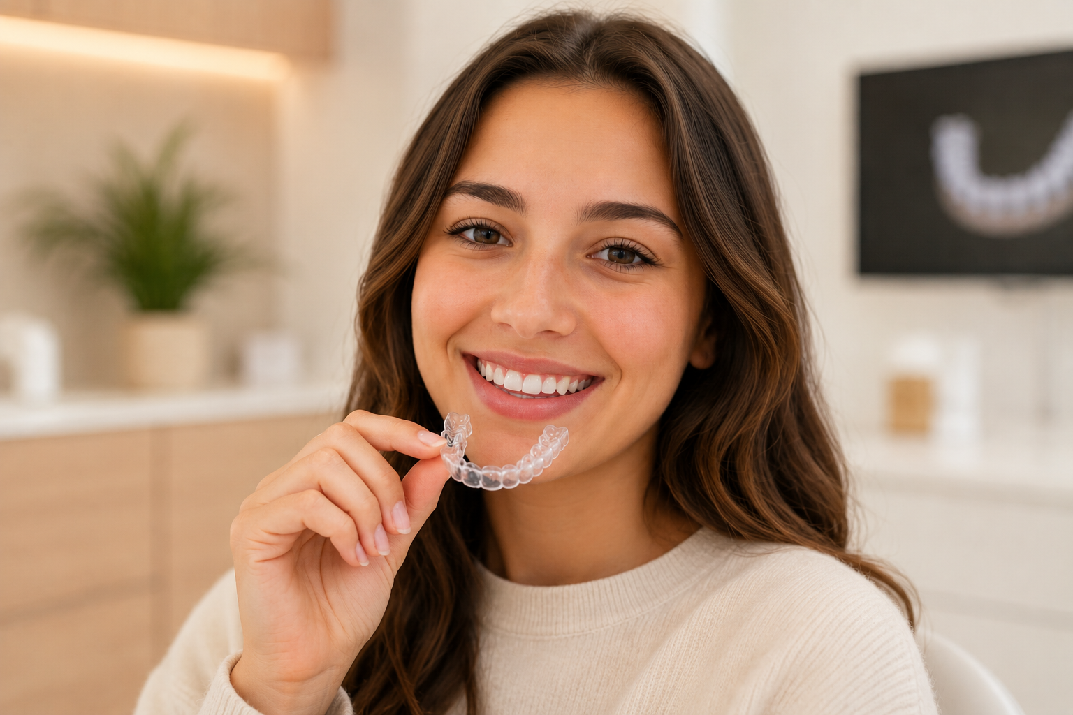 Jeune femme tenant une gouttière d'alignement transparente
