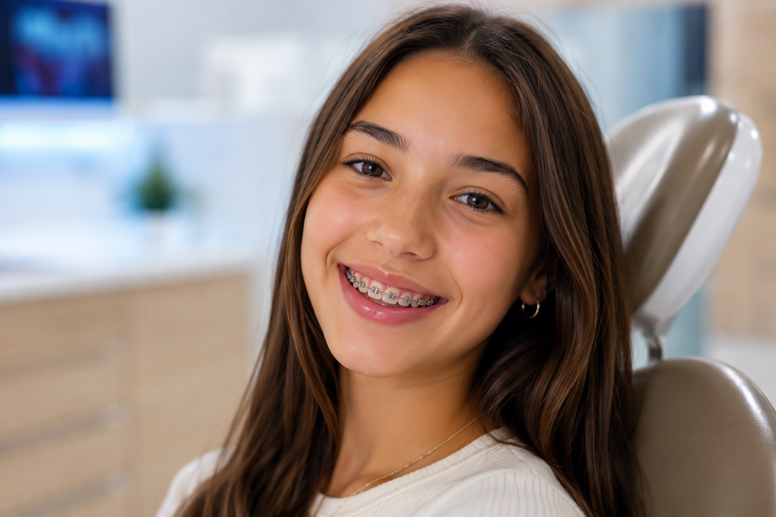 Adolescente souriante portant un appareil orthodontique fixe (bagues)