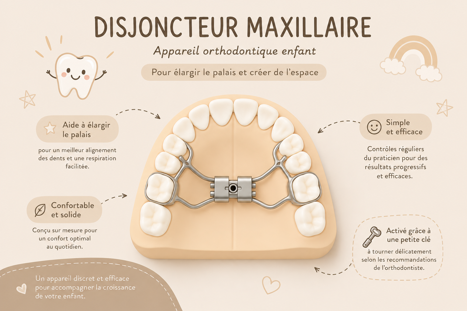 Schéma d'un disjoncteur maxillaire, appareil orthodontique pour enfant : posé sur le palais et fixé sur les molaires, il élargit le palais pour créer de l'espace et faciliter la respiration. Il est activé à l'aide d'une petite clé, selon les indications de l'orthodontiste, et contrôlé régulièrement au cabinet.